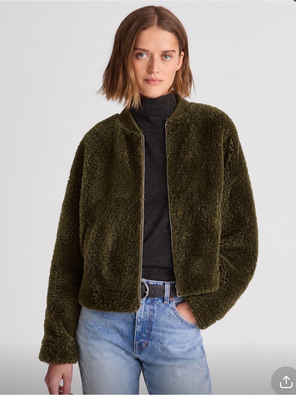 Olive Green Plush Sherpa Bomber Jacket - Women